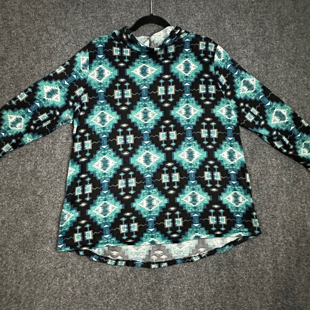 Just Be Southwestern Aztec Print Hoodie Teal Black Geometric‎ Pullover 2X - Picture 4 of 4